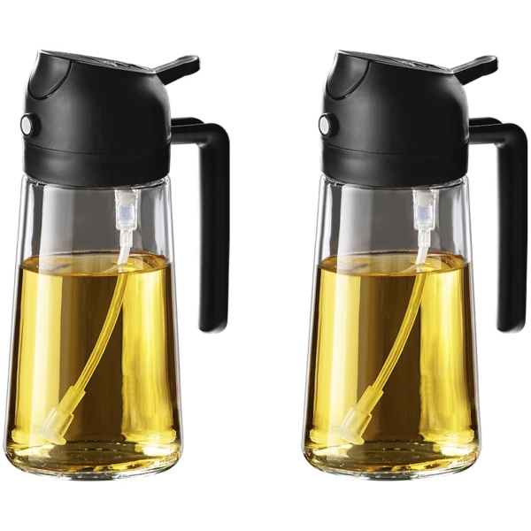 TrendPlain 16oz/470ml Glass Olive Oil Sprayer for Cooking - 2 in 1 Olive Oil Dispenser for Kitchen Gadgets, Air Fryer, Salad, and BBQ - 2 Black