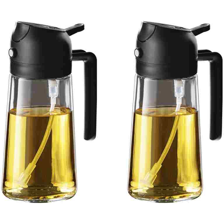 TrendPlain 16oz/470ml Glass Olive Oil Sprayer for Cooking - 2 in 1 Olive Oil Dispenser for Kitchen Gadgets, Air Fryer, Salad, and BBQ - 2 Black