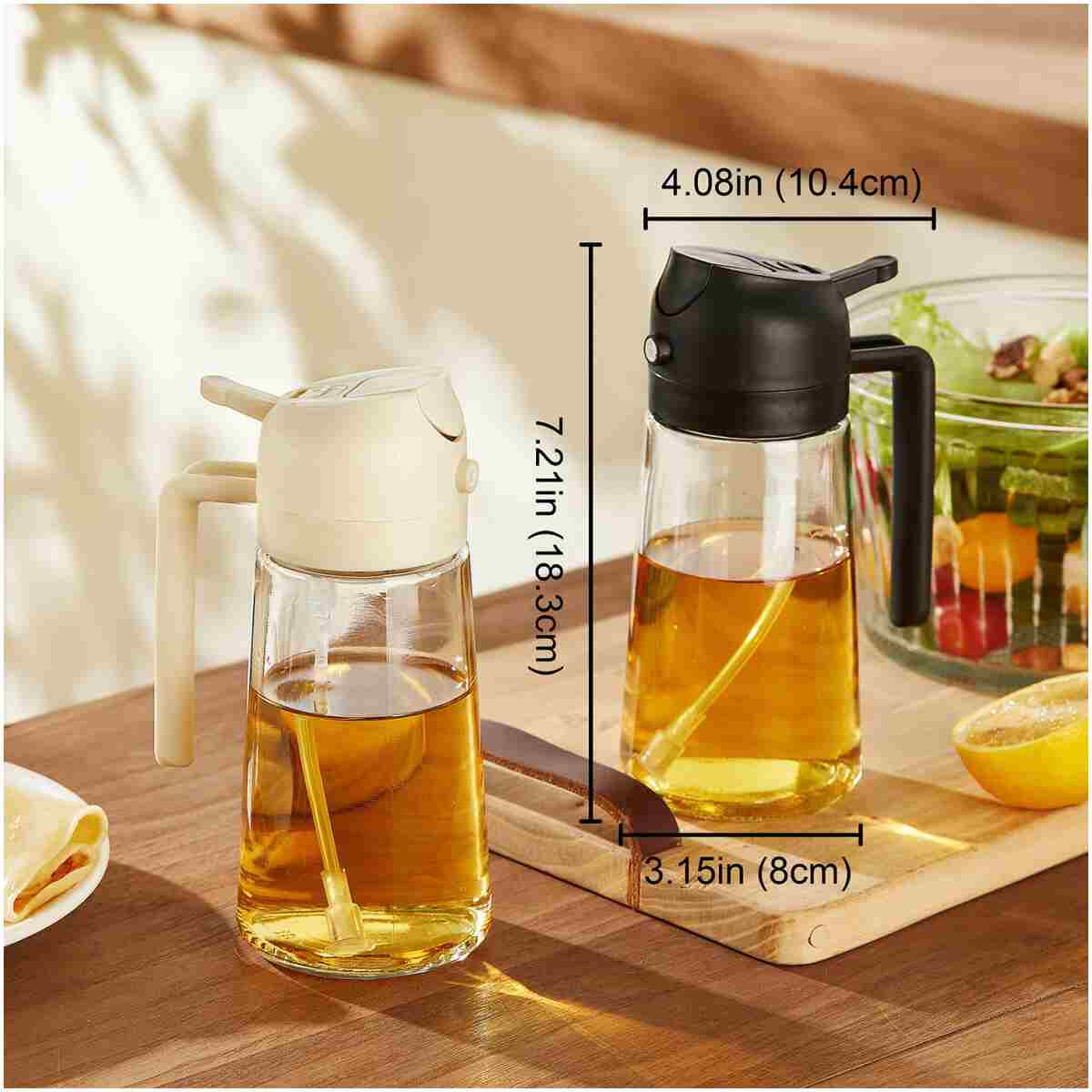 TrendPlain 16oz/470ml Glass Olive Oil Sprayer for Cooking - 2 in 1 Olive Oil Dispenser for Kitchen Gadgets, Air Fryer, Salad, and BBQ - Black & Bubblegum