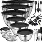 Umite Chef Mixing Bowls with Airtight Lids, 26Pcs Stainless Steel Bowls Set, 3 Grater Attachments & Black Non-Slip Bottoms Size 7, 4, 2.5, 2.0,1.5, 1QT, Great for Mixing & Serving