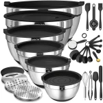 Umite Chef Mixing Bowls with Airtight Lids, 26Pcs Stainless Steel Bowls Set, 3 Grater Attachments & Black Non-Slip Bottoms Size 7, 4, 2.5, 2.0,1.5, 1QT, Great for Mixing & Serving