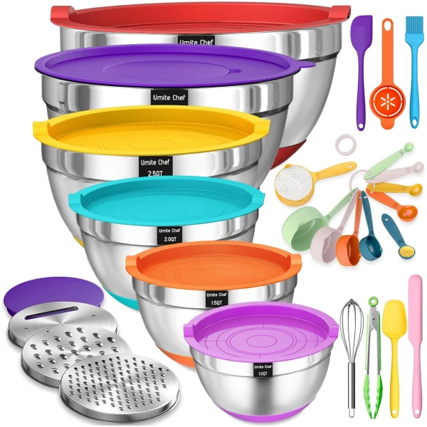 Umite Chef Mixing Bowls with Airtight Lids, 26Pcs Stainless Steel Bowls Set, 3 Grater Attachments & Colorful Non-Slip Bottoms Size 7, 4, 2.5, 2.0,1.5, 1QT, Great for Mixing &...