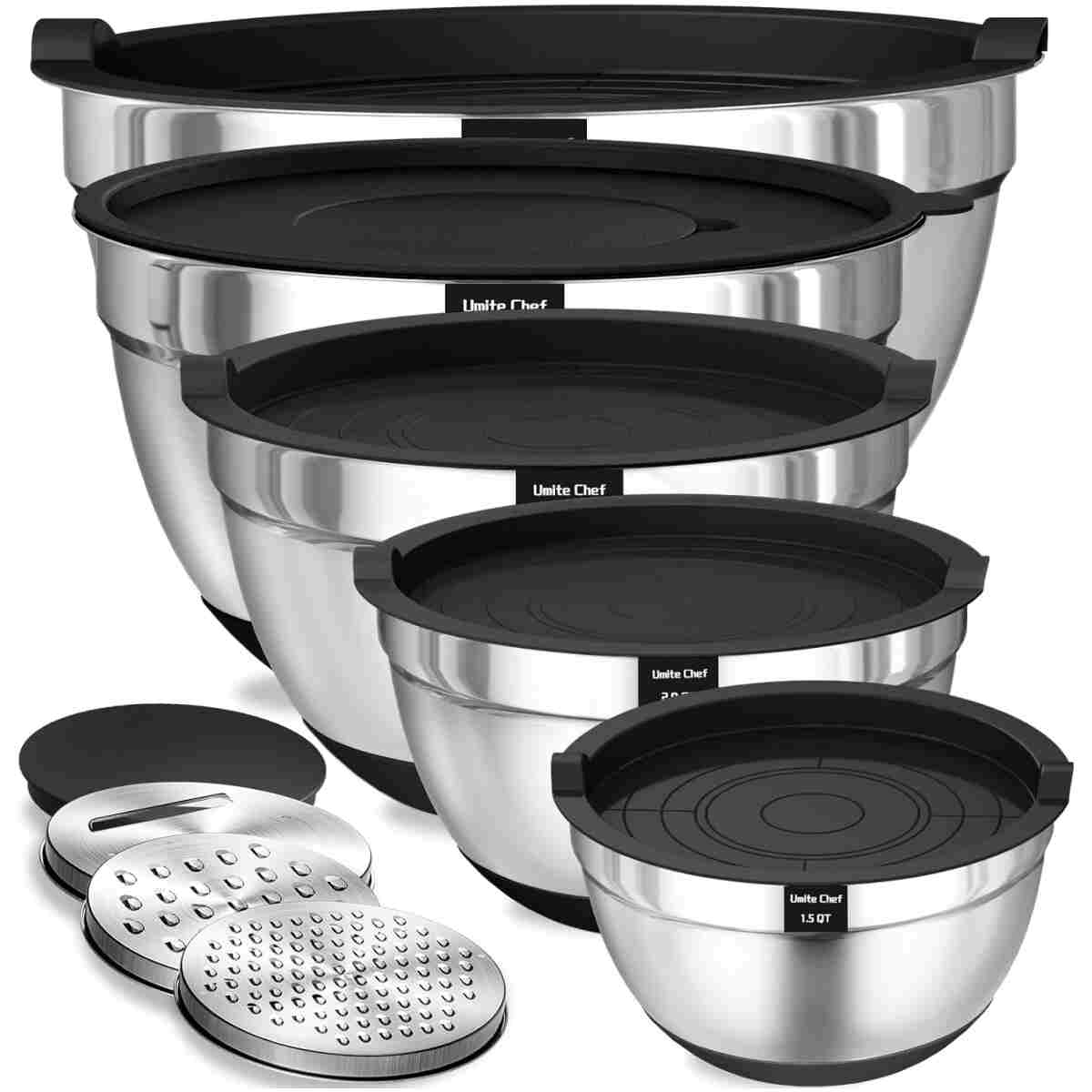 Umite Chef Mixing Bowls with Airtight Lids, 8PCS Stainless Steel Nesting Mixing Bowls Set, 3 Grater Attachments & Non-Slip Bottoms, Black Kitchen Bowls, Size 5, 4, 3.5, 2, 1.5QT...