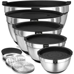 Umite Chef Mixing Bowls with Airtight Lids, 8PCS Stainless Steel Nesting Mixing Bowls Set, 3 Grater Attachments & Non-Slip Bottoms, Black Kitchen Bowls, Size 5, 4, 3.5, 2, 1.5QT...
