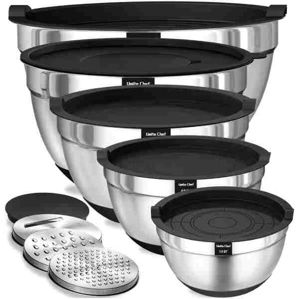 Umite Chef Mixing Bowls with Airtight Lids, 8PCS Stainless Steel Nesting Mixing Bowls Set, 3 Grater Attachments & Non-Slip Bottoms, Black Kitchen Bowls, Size 5, 4, 3.5, 2, 1.5QT...