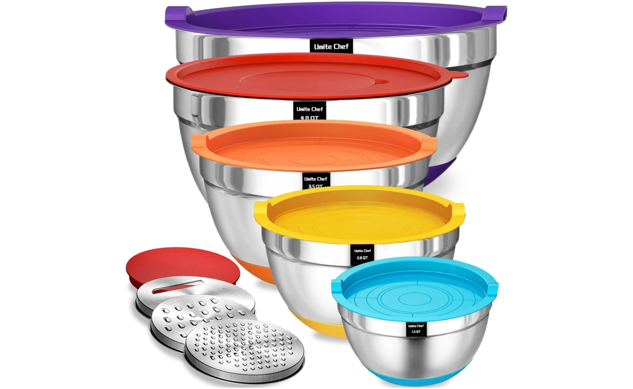 Umite Chef Mixing Bowls with Airtight Lids Set, 8PCS Stainless Steel Nesting Bowls Set, 3 Grater Attachments & Non-Slip Bottoms, Size 5, 4, 3.5, 2, 1.5QT for Baking &...