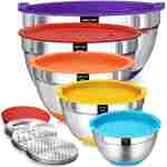 Umite Chef Mixing Bowls with Airtight Lids Set, 8PCS Stainless Steel Nesting Bowls Set, 3 Grater Attachments & Non-Slip Bottoms, Size 5, 4, 3.5, 2, 1.5QT for Baking &...
