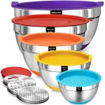Umite Chef Mixing Bowls with Airtight Lids Set, 8PCS Stainless Steel Nesting Bowls Set, 3 Grater Attachments & Non-Slip Bottoms, Size 5, 4, 3.5, 2, 1.5QT for Baking &...