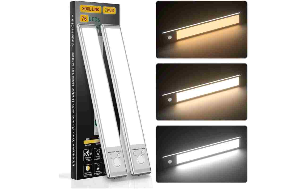 Under Cabinet Lights,76 LED Operated Motion Sensor Light Indoor,1500mAh USB Rechargeable Closet Lights, 2 Pack Magnetic Dimmable Closet Lights，Wireless Under Counter Lights for...
