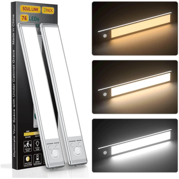 Under Cabinet Lights,76 LED Operated Motion Sensor Light Indoor,1500mAh USB Rechargeable Closet Lights, 2 Pack Magnetic Dimmable Closet Lights，Wireless Under Counter Lights for...