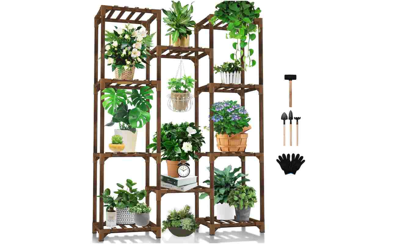 Uneedem Plant Stand Indoor Outdoor, Tall Plant Shelf for Multiple Plants, 10 tiers 11 Pot Large Plant Rack Wood Plant Holder Plant Shelves for Room Corner Balcony Garden Patio