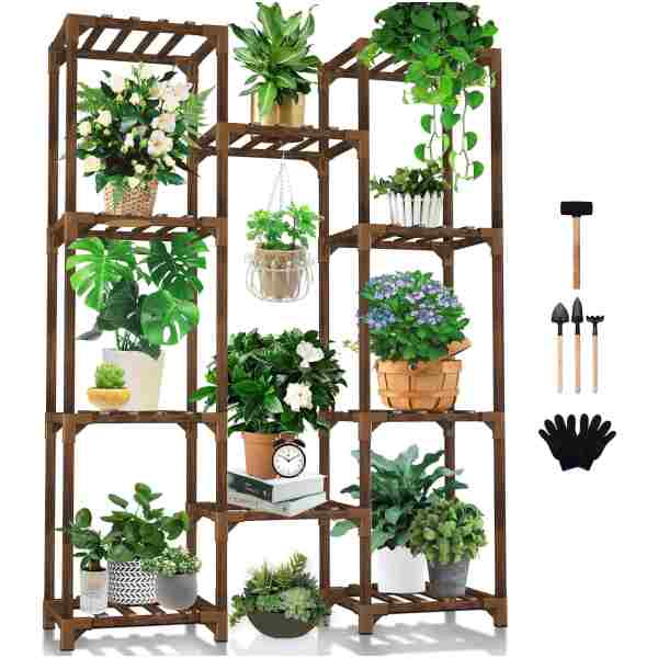 Uneedem Plant Stand Indoor Outdoor, Tall Plant Shelf for Multiple Plants, 10 tiers 11 Pot Large Plant Rack Wood Plant Holder Plant Shelves for Room Corner Balcony Garden Patio