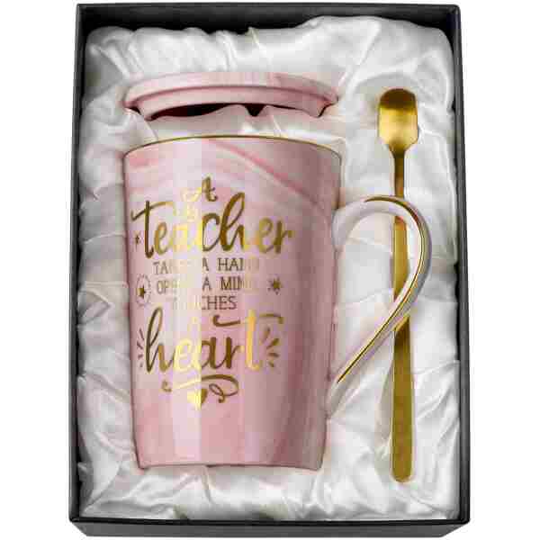 Unique Teacher Appreciation Gifts for Women - Best Teacher Valentines Day Mug for Teachers from Student, 14Oz Pink Marble Ceramic Teacher Cup with Gold Print, Birthday...