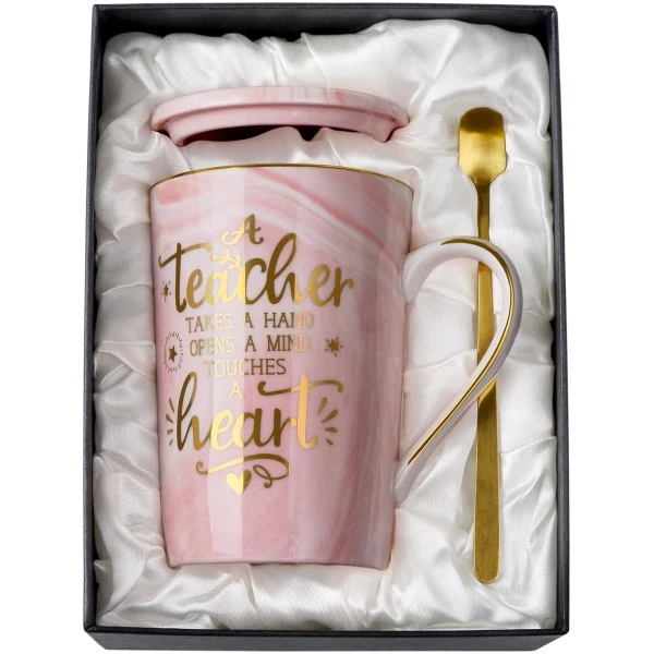 Unique Teacher Appreciation Gifts for Women - Best Teacher Valentines Day Mug for Teachers from Student, 14Oz Pink Marble Ceramic Teacher Cup with Gold Print, Birthday...