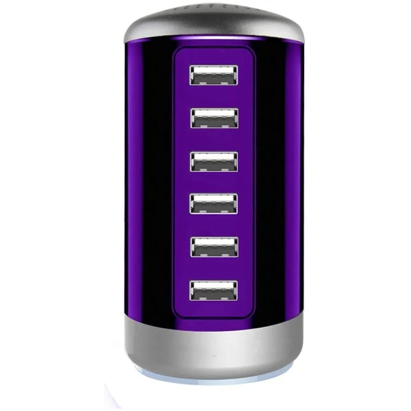 Universal USB Charger 6-Port Desktop USB Charging Station Hub with Smart Identification Technology Compatible with iPhone iPad Cell Phone Tablets(Purple)