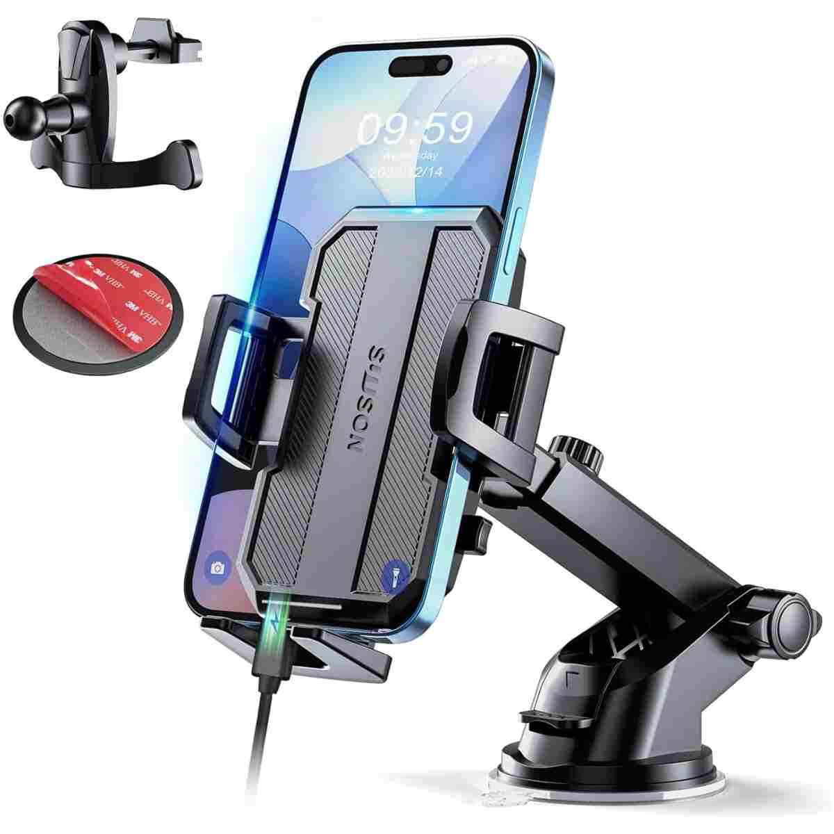 Upgraded 3-in-1 Car Phone Holder Mount [Powerful Suction] Phone Mount for Car Dashboard Air Vent Windshield,for All iPhone Android Phone (Black)