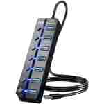 USB 3.0 Hub, PANPEO 7-Port USB Data Hub Splitter with 3ft Long Cable USB Extension for Laptop,PC Computer,Surface Pro, PS4/5, Flash Drive, Mobile HDD - with LED Individual On/Off