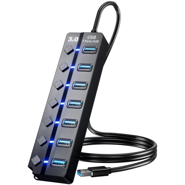 USB 3.0 Hub, PANPEO 7-Port USB Data Hub Splitter with 3ft Long Cable USB Extension for Laptop,PC Computer,Surface Pro, PS4/5, Flash Drive, Mobile HDD - with LED Individual On/Off