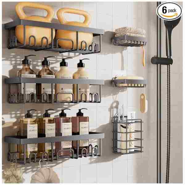 Veken Rustproof&Waterproof Shower Caddy 6-Pack,Heavy Weight Bearing,Large Wall Mounted Shower Shelves Rack,Organizer Storage Accessories with Soap Dish&Toothbrush Holder,Ideal...