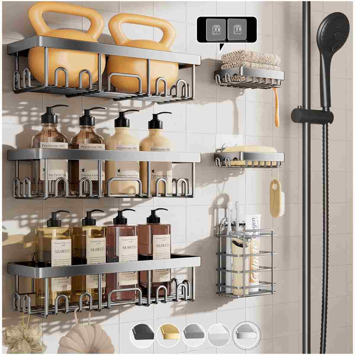 Veken Stainless Steel Shower Caddy 6-Pack, Ideal for Gift, Large Wall Mounted Shower Rack, Bathroom Shelves Over Toilet, Organizer Storage Accessories with Soap Dish &...