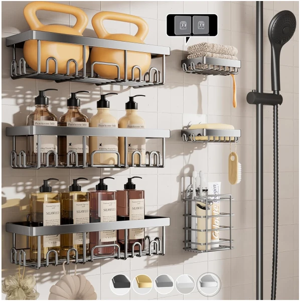 Veken Stainless Steel Shower Caddy 6-Pack, Ideal for Gift, Large Wall Mounted Shower Rack, Bathroom Shelves Over Toilet, Organizer Storage Accessories with Soap Dish &...
