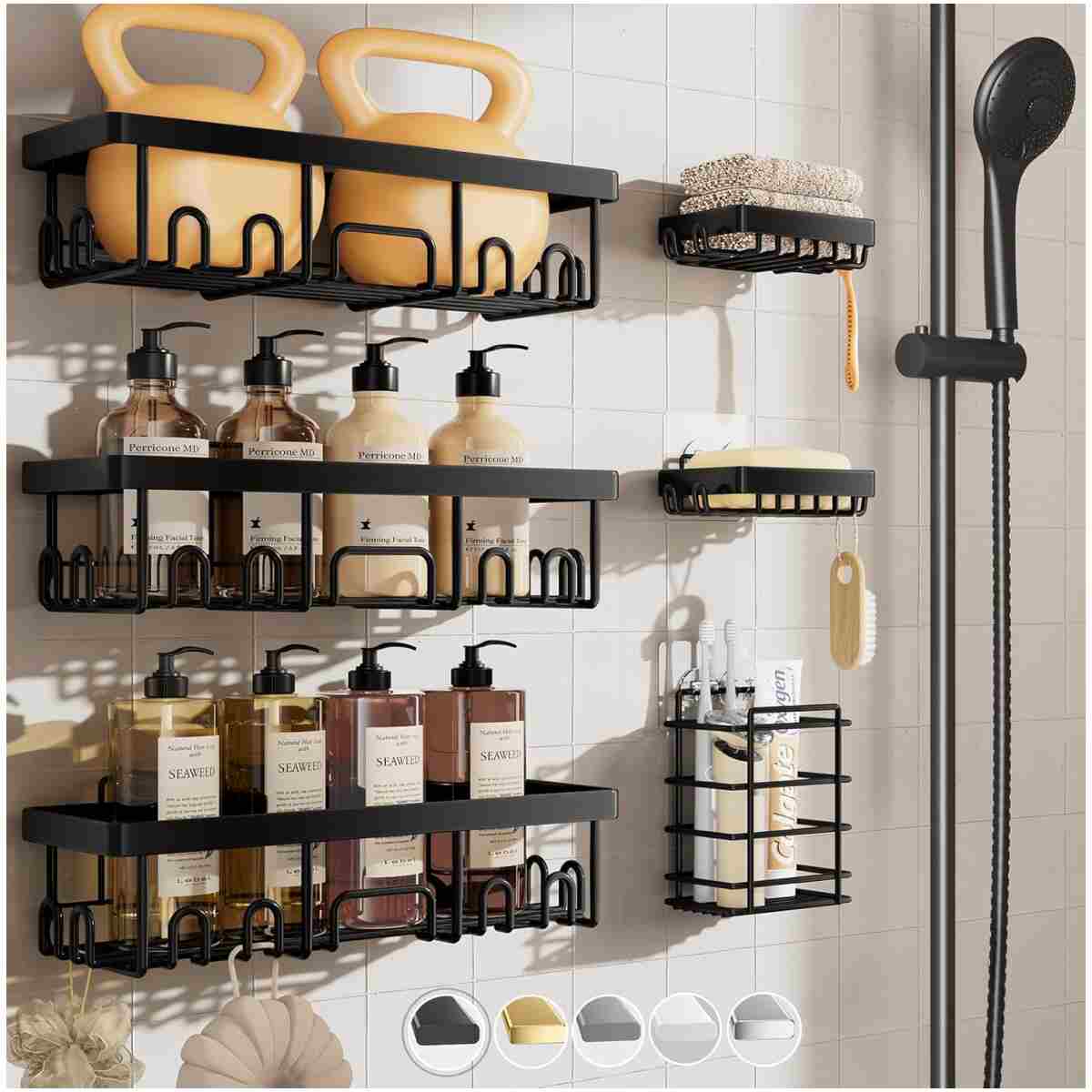 Veken Stainless Steel Shower Caddy 6-Pack, No Drilling & Rustproof, Waterproof Adhesive Shelves Rack with Soap Holder, Large Capacity Bathroom Organizers and Storage,...