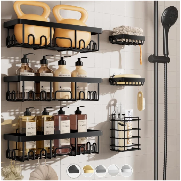 Veken Stainless Steel Shower Caddy 6-Pack, No Drilling & Rustproof, Waterproof Adhesive Shelves Rack with Soap Holder, Large Capacity Bathroom Organizers and Storage,...