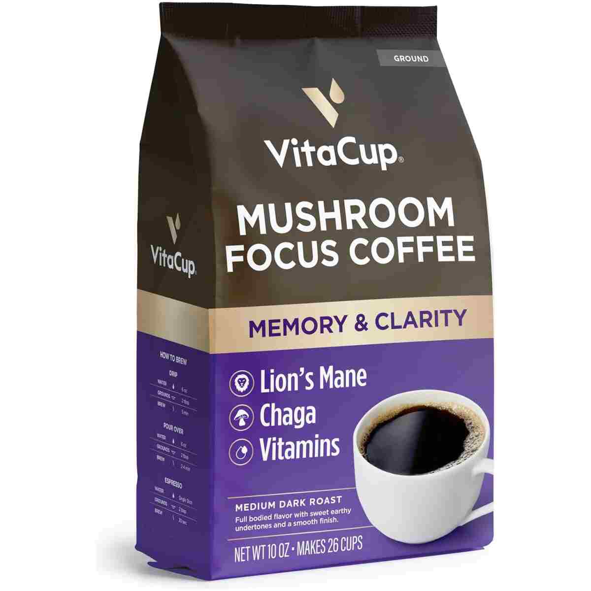 VitaCup Focus Mushroom Coffee Grounds, with Lions Mane, Chaga, B Vitamins, D3, Boost Focus, Immunity, Memory & Clarity, Medium Dark Roast, Bold & Smooth 100% Arabica Specialty,...
