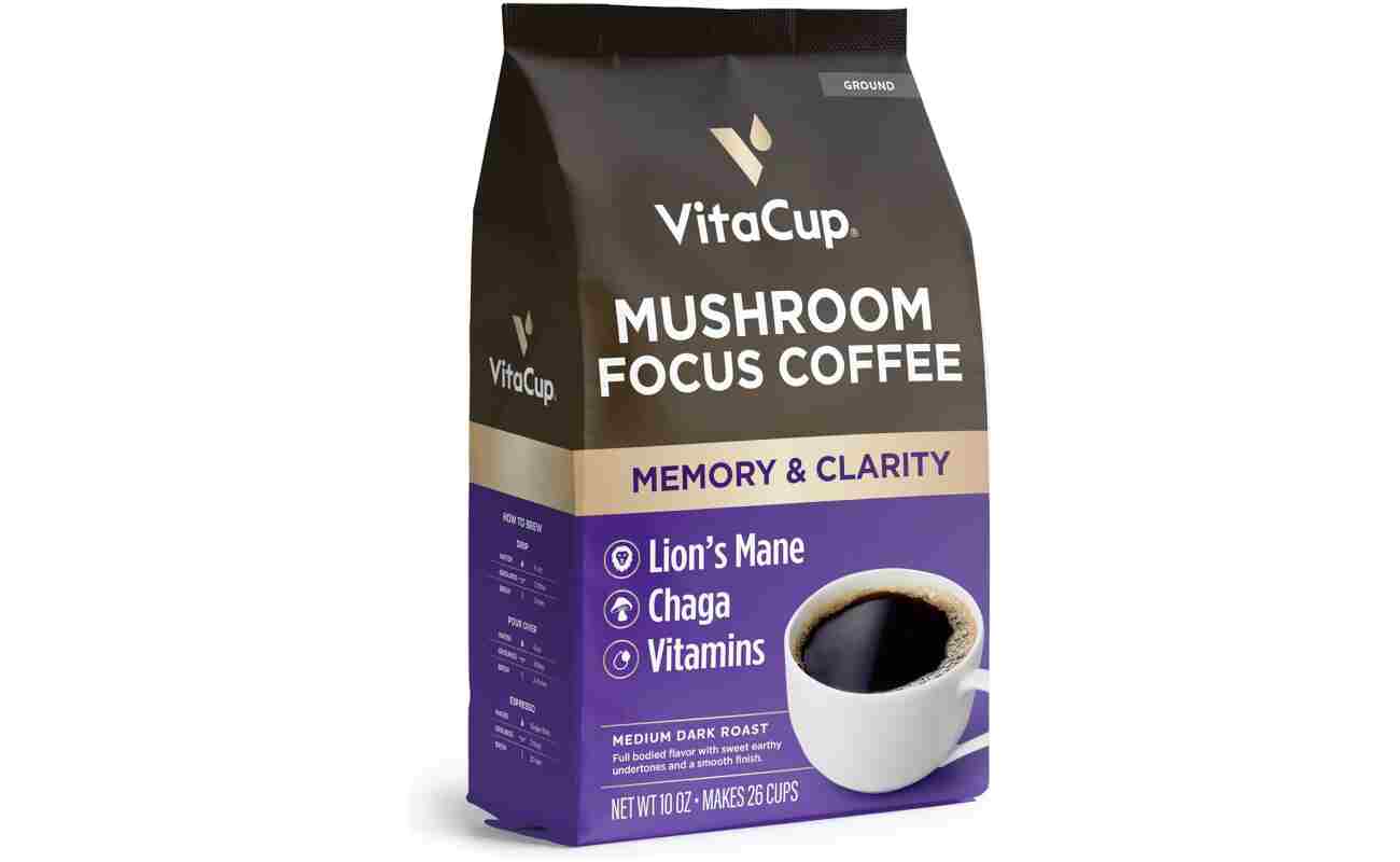 VitaCup Focus Mushroom Coffee Grounds, with Lions Mane, Chaga, B Vitamins, D3, Boost Focus, Immunity, Memory & Clarity, Medium Dark Roast, Bold & Smooth 100% Arabica Specialty,...