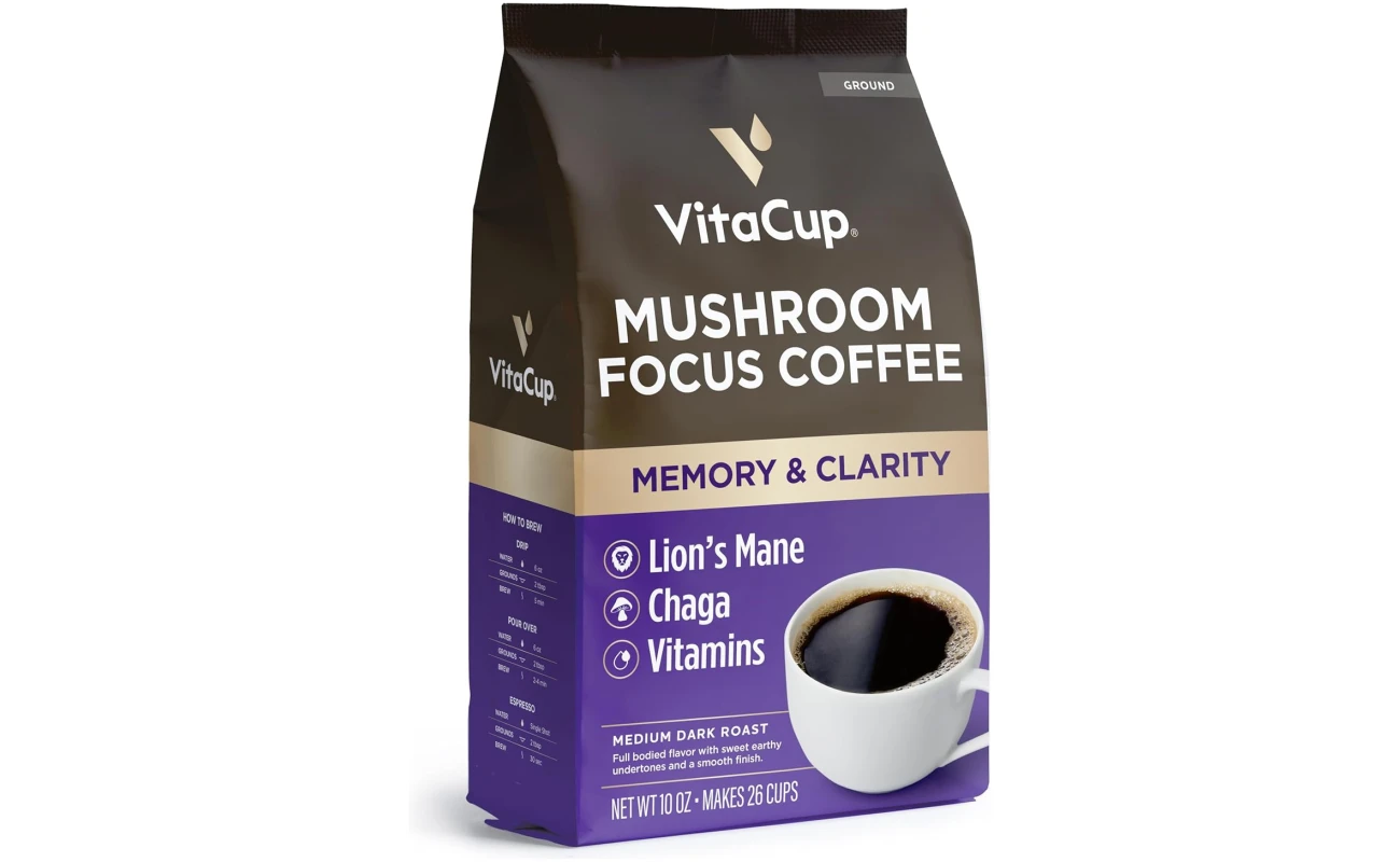 VitaCup Focus Mushroom Coffee Grounds, with Lions Mane, Chaga, B Vitamins, D3, Boost Focus, Immunity, Memory & Clarity, Medium Dark Roast, Bold & Smooth 100% Arabica Specialty,...