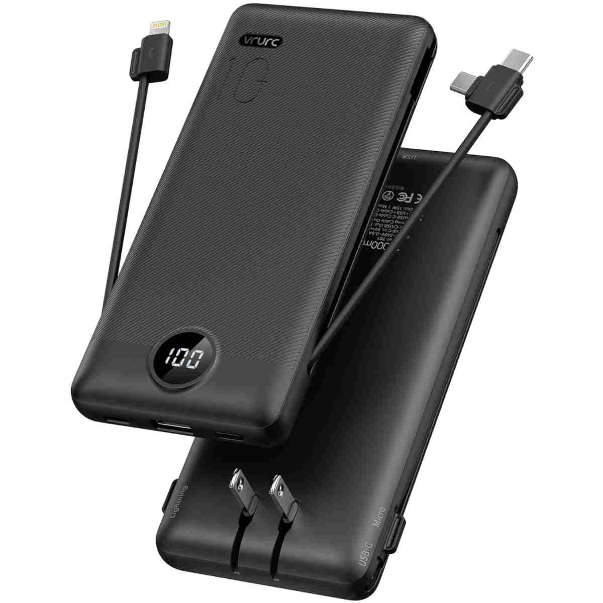VRURC Portable Charger Built-in Cables and AC Wall Plug, USB C Power Bank 10000mAh, Travel Essentials Phone Charger Compact Lightweight External Battery Pack for Smart Phones,...