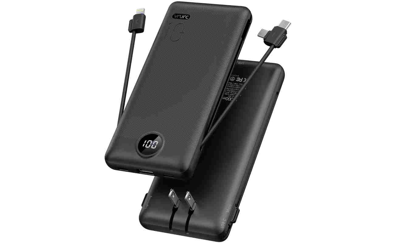 VRURC Portable Charger Built-in Cables and AC Wall Plug, USB C Power Bank 10000mAh, Travel Essentials Phone Charger Compact Lightweight External Battery Pack for Smart Phones,...