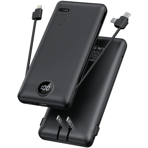 VRURC Portable Charger Built-in Cables and AC Wall Plug, USB C Power Bank 10000mAh, Travel Essentials Phone Charger Compact Lightweight External Battery Pack for Smart Phones,...