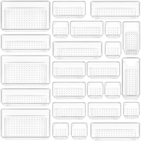 Vtopmart 25 PCS Clear Plastic Drawer Organizers Set, 4-Size Versatile Bathroom and Vanity Drawer Organizer Trays, Storage Bins for Makeup, Bedroom, Kitchen Gadgets Utensils and...