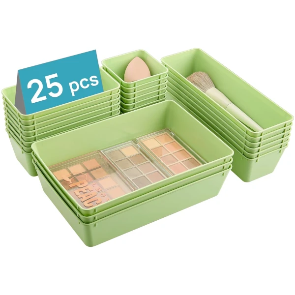 Vtopmart 25 PCS Plastic Drawer Organizers Set, 4-Size Versatile Bathroom and Vanity Drawer Organizer Trays, Storage Bins for Makeup, Bedroom, Kitchen Gadgets Utensils and Office