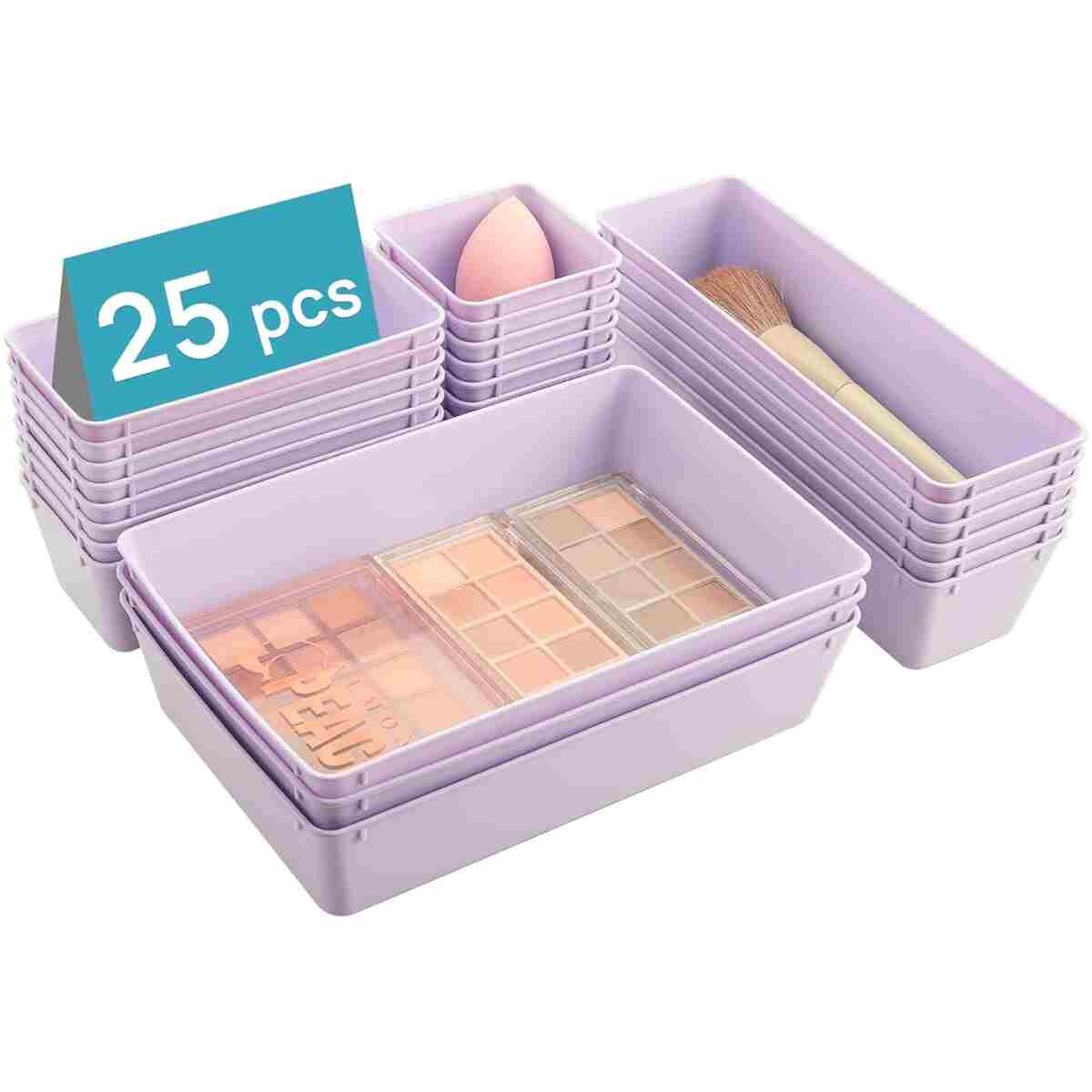 Vtopmart 25 PCS Plastic Drawer Organizers Set, 4-Size Versatile Bathroom and Vanity Drawer Organizer Trays, Storage Bins for Makeup, Bedroom, Kitchen Gadgets Utensils and Office