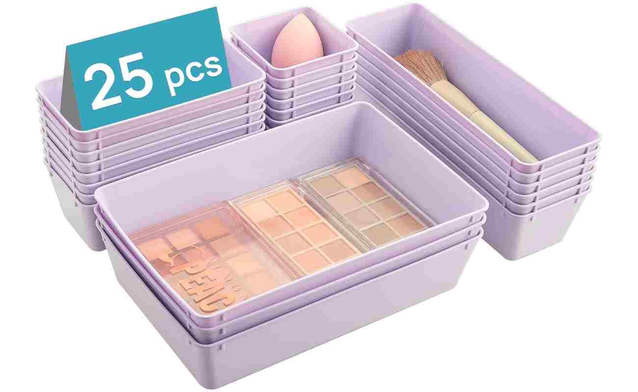 Vtopmart 25 PCS Plastic Drawer Organizers Set, 4-Size Versatile Bathroom and Vanity Drawer Organizer Trays, Storage Bins for Makeup, Bedroom, Kitchen Gadgets Utensils and Office