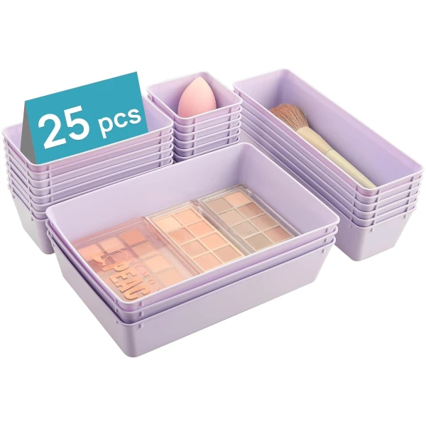 Vtopmart 25 PCS Plastic Drawer Organizers Set, 4-Size Versatile Bathroom and Vanity Drawer Organizer Trays, Storage Bins for Makeup, Bedroom, Kitchen Gadgets Utensils and Office