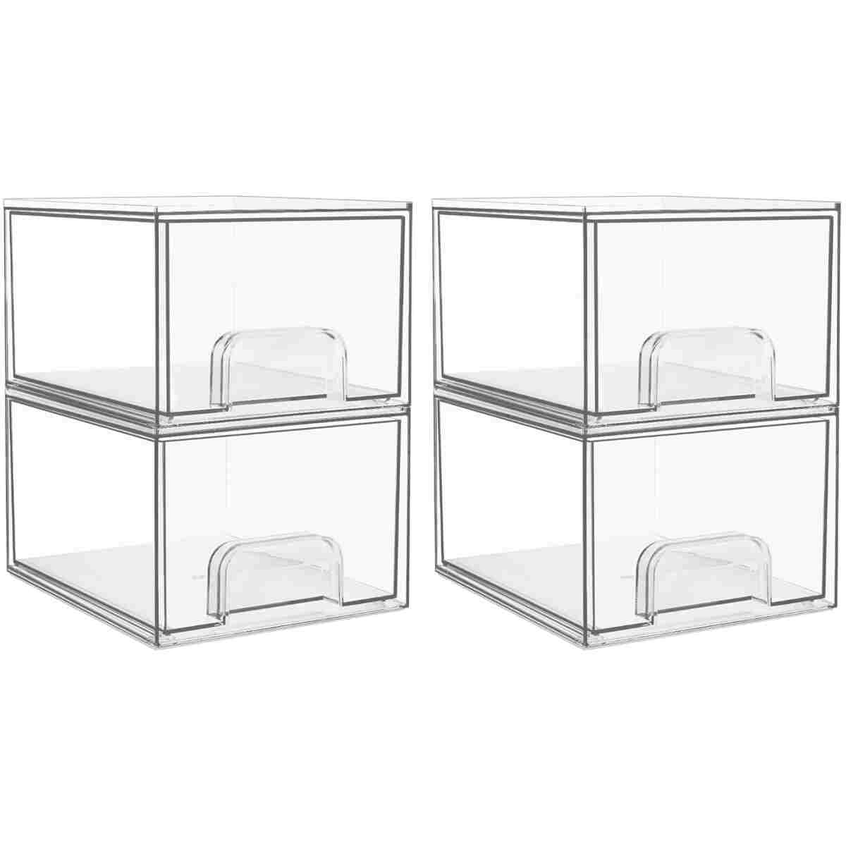 Vtopmart 4 Pack Clear Stackable Storage Drawers, 4.4'' Tall Acrylic Bathroom Makeup Organizer,Plastic Storage Bins For Vanity, Undersink, Kitchen Cabinets, Pantry, Home...