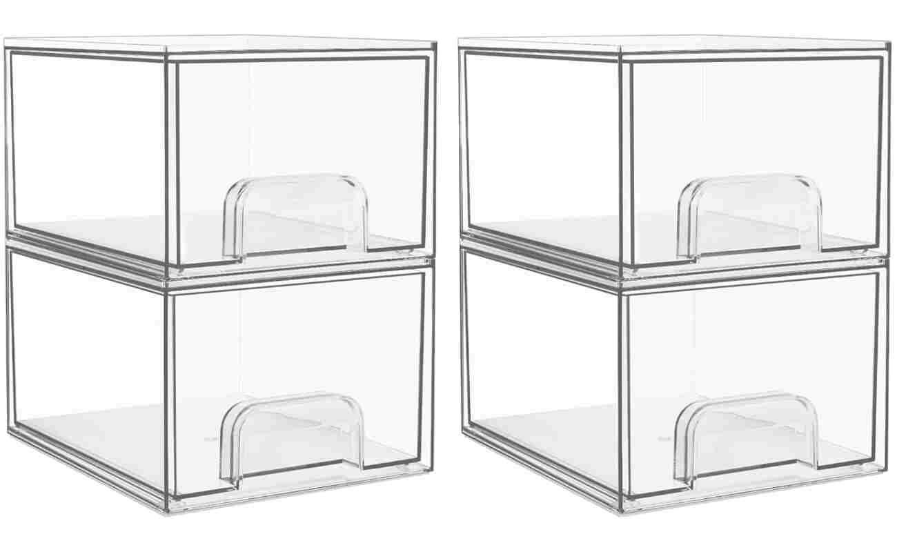 Vtopmart 4 Pack Clear Stackable Storage Drawers, 4.4'' Tall Acrylic Bathroom Makeup Organizer,Plastic Storage Bins For Vanity, Undersink, Kitchen Cabinets, Pantry, Home...