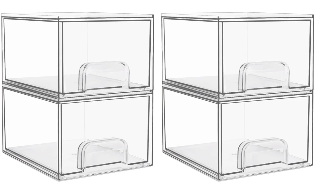 Vtopmart 4 Pack Clear Stackable Storage Drawers, 4.4'' Tall Acrylic Bathroom Makeup Organizer,Plastic Storage Bins For Vanity, Undersink, Kitchen Cabinets, Pantry, Home...