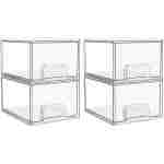 Vtopmart 4 Pack Clear Stackable Storage Drawers, 4.4'' Tall Acrylic Bathroom Makeup Organizer,Plastic Storage Bins For Vanity, Undersink, Kitchen Cabinets, Pantry, Home...