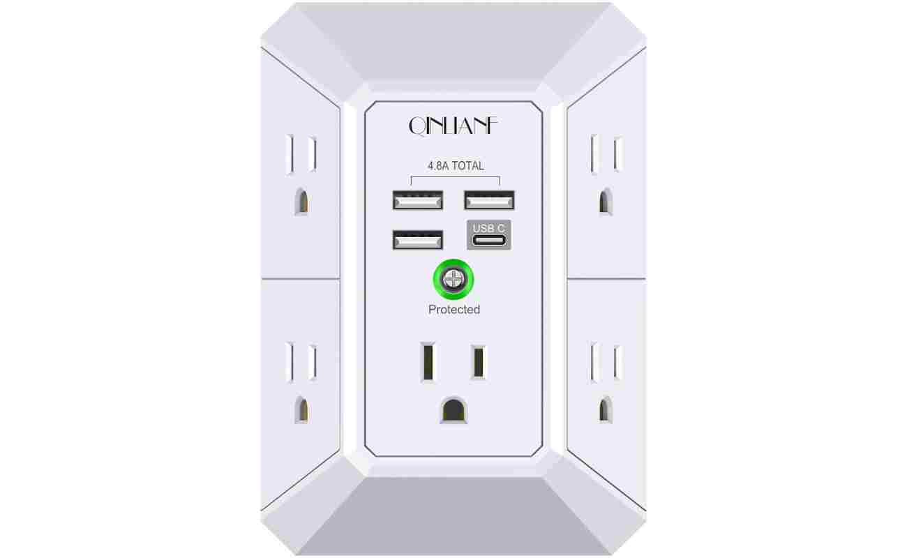 Wall Charger, Surge Protector, QINLIANF 5 Outlet Extender with 4 USB Charging Ports (4.8A Total) 3-Sided 1680J Power Strip Multi Plug Adapter Spaced for Home Travel Office (3U1C)