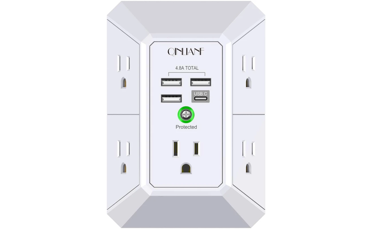 Wall Charger, Surge Protector, QINLIANF 5 Outlet Extender with 4 USB Charging Ports (4.8A Total) 3-Sided 1680J Power Strip Multi Plug Adapter Spaced for Home Travel Office (3U1C)