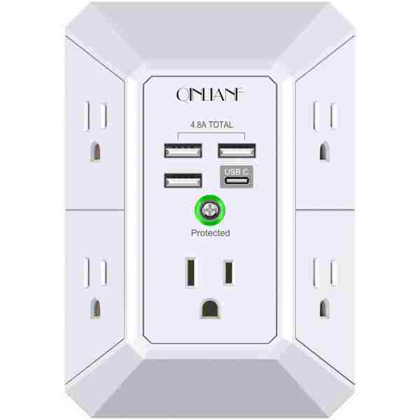 Wall Charger, Surge Protector, QINLIANF 5 Outlet Extender with 4 USB Charging Ports (4.8A Total) 3-Sided 1680J Power Strip Multi Plug Adapter Spaced for Home Travel Office (3U1C)