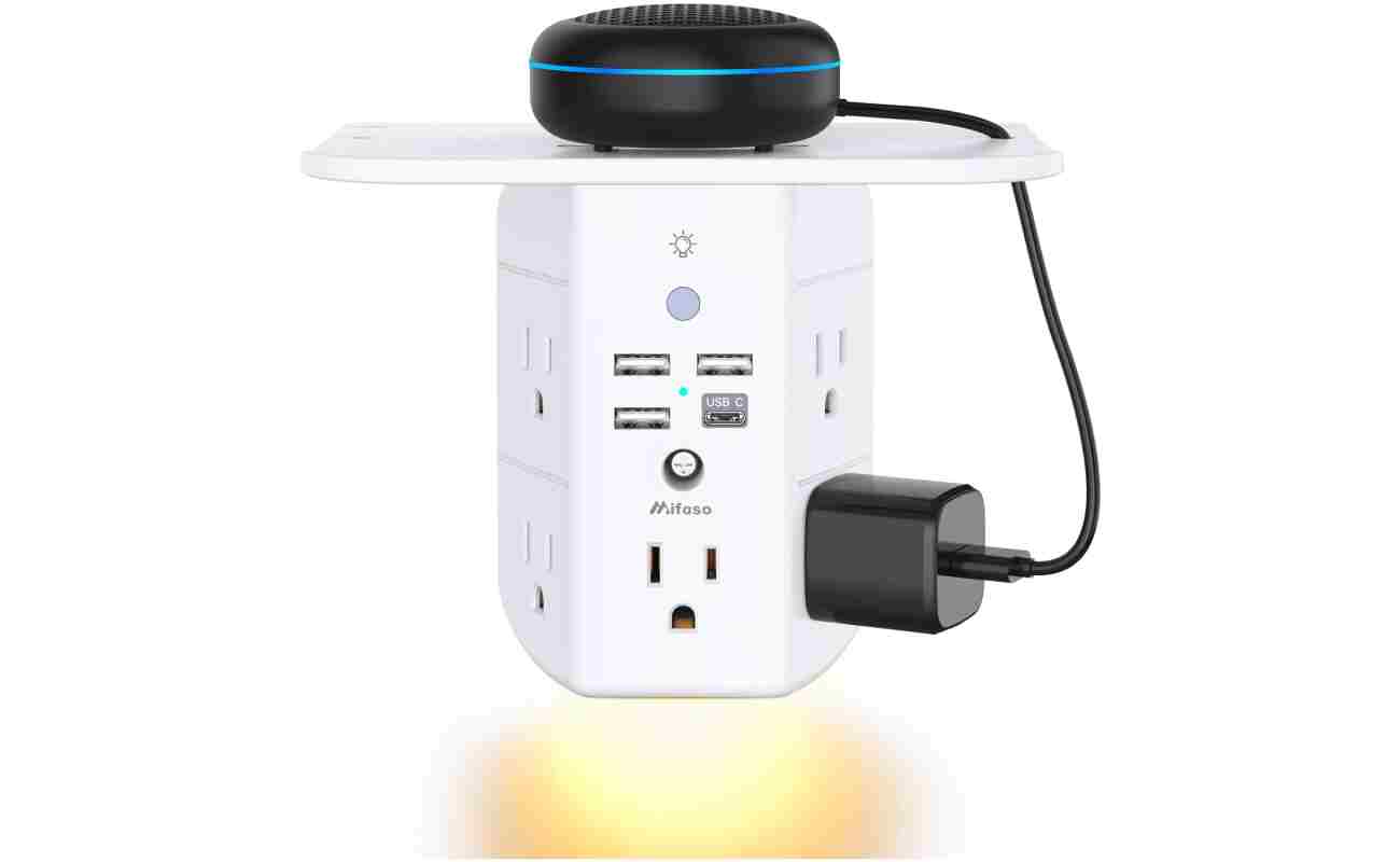 Wall Outlet Extender with Shelf and Night Light,Surge Protector,USB Wall Charger with 5 AC Outlets and 3 USB Ports 1 USB C Outlet Wide Space 3-Sided Power Strip Multi Plug Outlets…