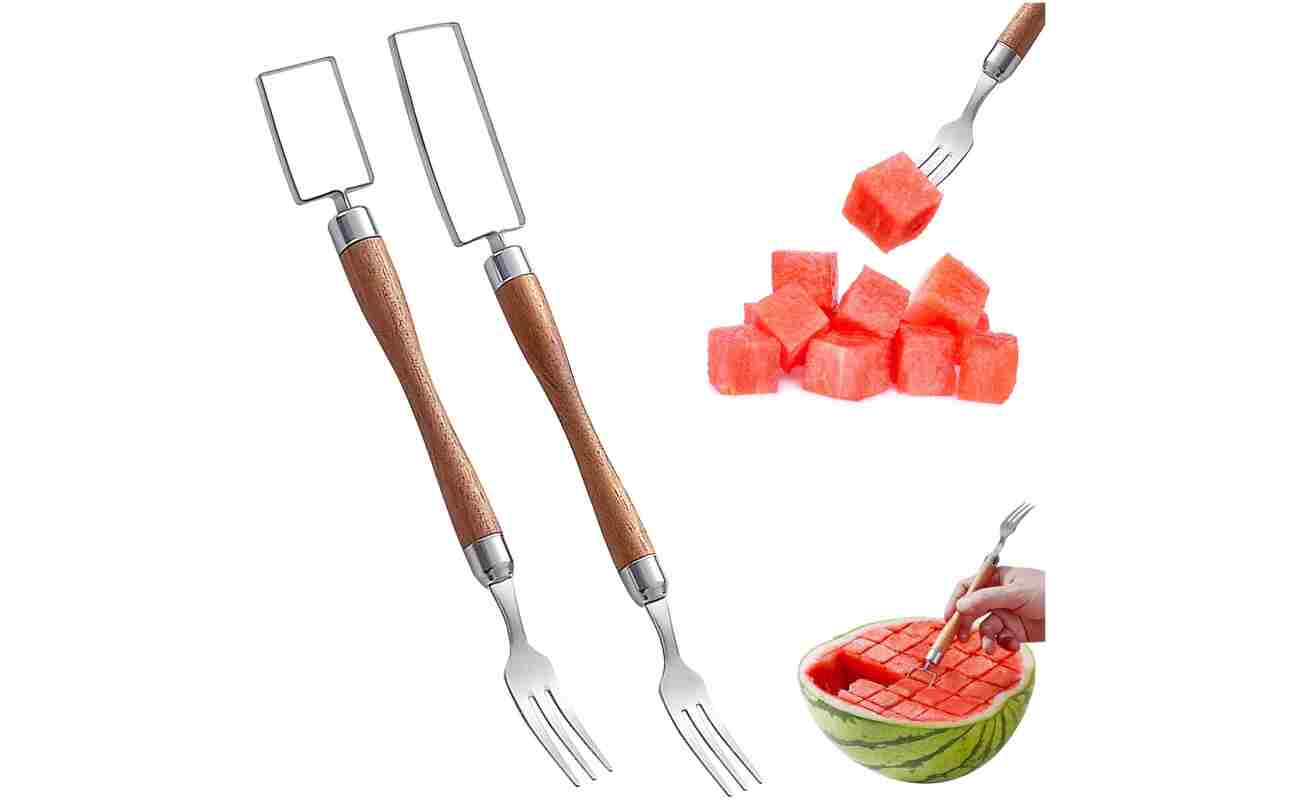 Watermelon Fork Slicer Cutter, 2025 New 2 In 1 Stainless Steel Fruit Cutter, Multifunctional Portable Watermelon Forks, Creative Kitchen Gadget for Summer Family Party Camping ﻿...