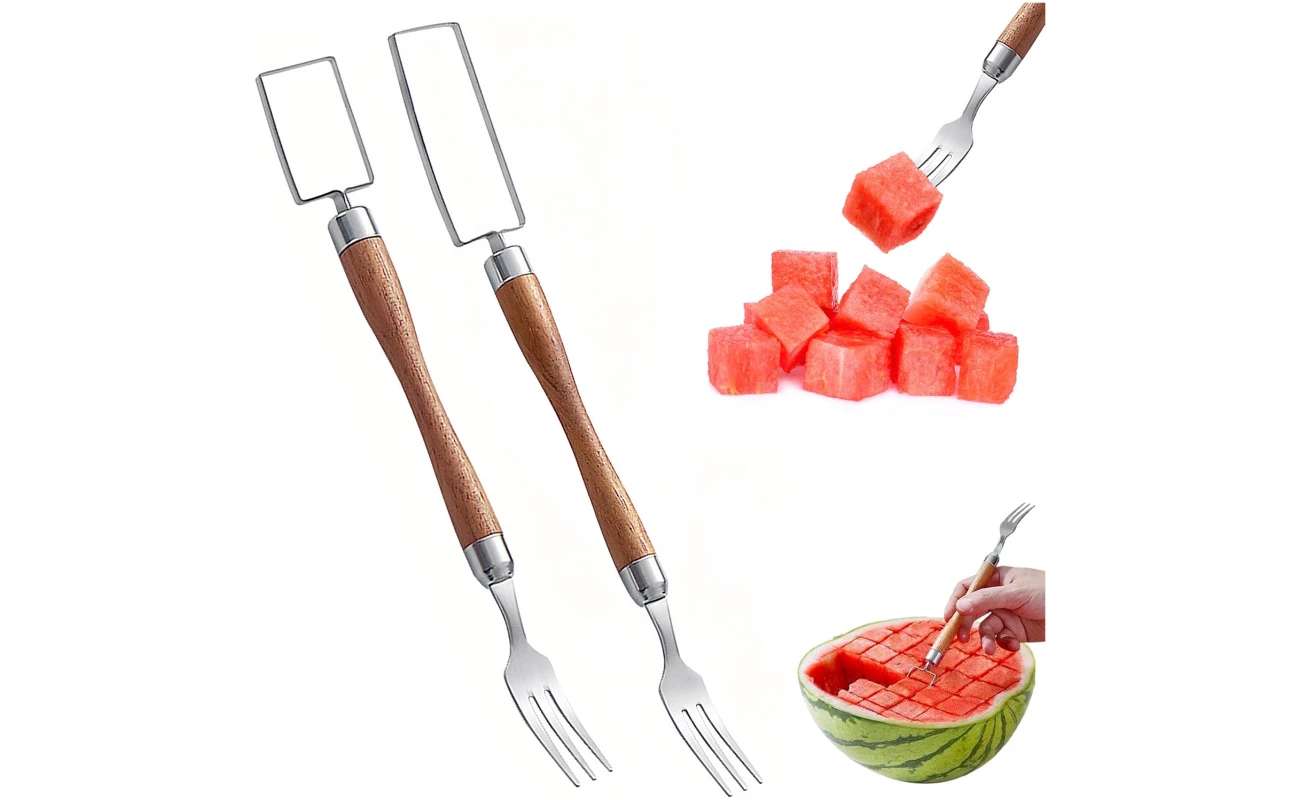 Watermelon Fork Slicer Cutter, 2025 New 2 In 1 Stainless Steel Fruit Cutter, Multifunctional Portable Watermelon Forks, Creative Kitchen Gadget for Summer Family Party Camping ﻿...