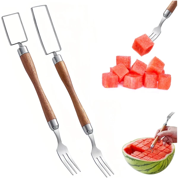 Watermelon Fork Slicer Cutter, 2025 New 2 In 1 Stainless Steel Fruit Cutter, Multifunctional Portable Watermelon Forks, Creative Kitchen Gadget for Summer Family Party Camping ﻿...