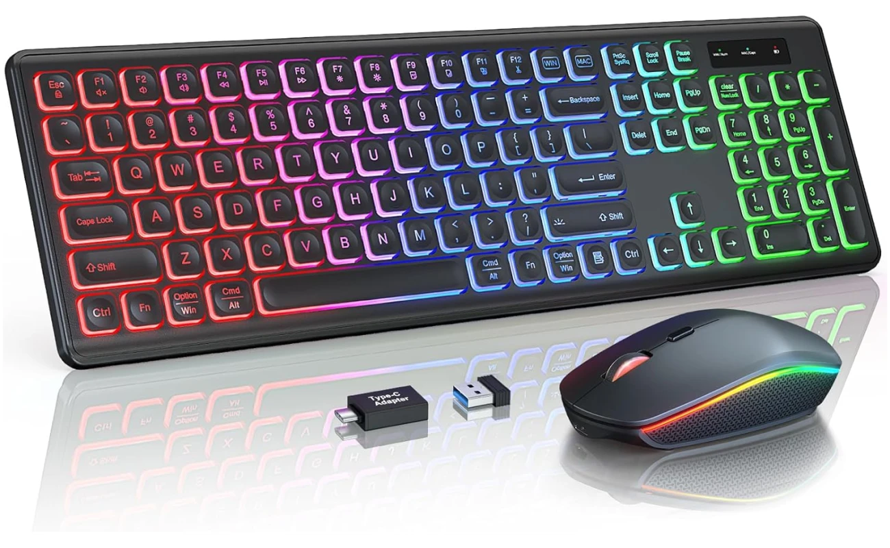Wireless Keyboard and Mouse Combo - RGB Backlit, Rechargeable & Light Up Letters, Full-Size, Ergonomic Tilt Angle, Sleep Mode, 2.4GHz Quiet Keyboard Mouse for Mac, Windows,...